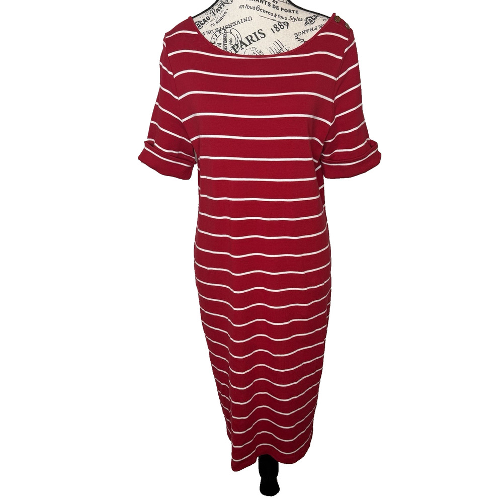 Ralph Lauren Women's Red & White Striped Midi T-Shirt Dress Short Sleeves XL